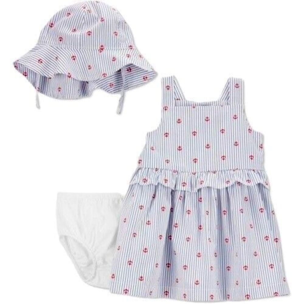 880. Like New (Worn Once) - Carter’s Newborn Girl Nautical Anchor Hat, Dress Set